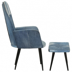 Fotel z podnóżkiem, niebieski, jeansowy patchwork