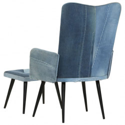 Fotel z podnóżkiem, niebieski, jeansowy patchwork