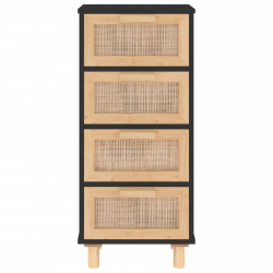 Komoda, czarna, 40x30x90 cm, lita sosna i naturalny rattan