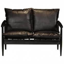 2-osobowa sofa z prawdziwej skóry i drewna akacjowego, czarna