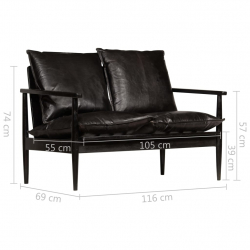 2-osobowa sofa z prawdziwej skóry i drewna akacjowego, czarna