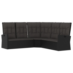 Rozkładana sofa narożna z poduszkami, czarna, polirattan