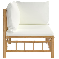 Ogrodowa sofa narożna, kremowe poduszki, bambus