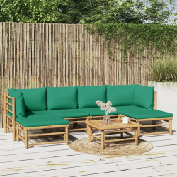 7-cz. zestaw mebli do ogrodu, zielone poduszki, bambus