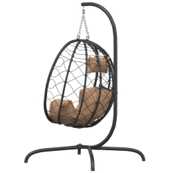 Wiszące krzesło kokon z poduszką, kolor taupe, rattan PE i stal