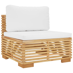 Siedzisko ogrodowe z kremowymi poduszkami, drewno tekowe