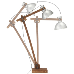 Lampa podłogowa, srebrna, E27, lite drewno mango