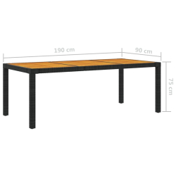 Stół ogrodowy, 190x90x75 cm, czarny rattan PE i drewno akacjowe