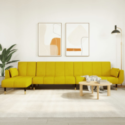 Sofa rozkładana w kształcie L, żółta, 275x140x70 cm, aksamit