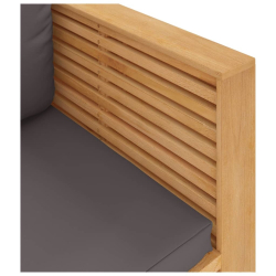 Siedzisko ogrodowe z ciemnoszarymi poduszkami, drewno tekowe