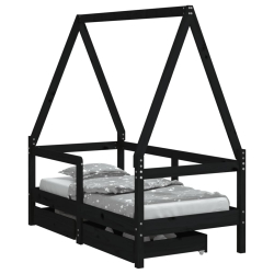 Rama łóżka dziecięcego z szufladami, czarna, 70x140 cm, sosnowa