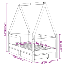 Rama łóżka dziecięcego z szufladami, czarna, 70x140 cm, sosnowa