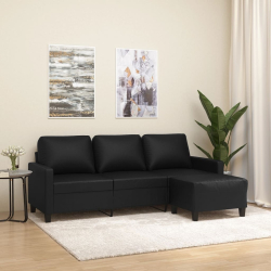 3-osobowa sofa z podnóżkiem, czarna, 180 cm, sztuczna skóra