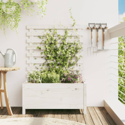 Donica ogrodowa z trejażem, biała, 79x39,5x114 cm, lita sosna