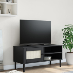 Szafka TV SENJA, z plecionką, czarna, 106x40x49 cm, sosnowa