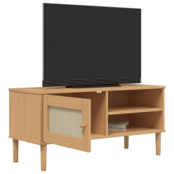 Szafka TV SENJA, z plecionką, brązowa, 106x40x49 cm, sosnowa