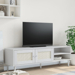 Szafka TV SENJA, z plecionką, biała, 158x40x49 cm, sosnowa