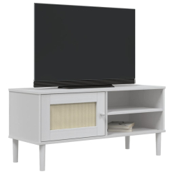 Szafka TV SENJA, z plecionką, biała, 106x40x49 cm, sosnowa