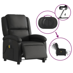 Rozkładany fotel masujący, elektryczny, czarny, skóra naturalna