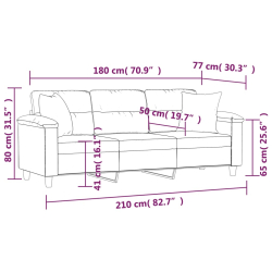 3-osobowa sofa z poduszkami, kolor taupe, 180 cm, mikrofibra