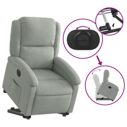 Elektryczny, podnoszony fotel rozkładany, jasnoszary, aksamit