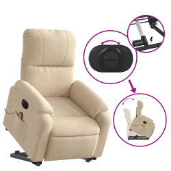 Podnoszony fotel masujący, rozkładany, kremowy, mikrofibra