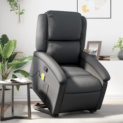 Podnoszony fotel masujący, rozkładany, czarny, skóra naturalna