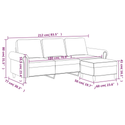 3-osobowa sofa z podnóżkiem, jasnoszara, 180 cm, aksamit