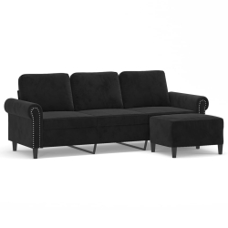 3-osobowa sofa z podnóżkiem, czarna, 180 cm, aksamit