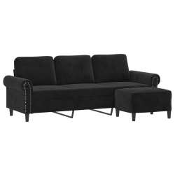 3-osobowa sofa z podnóżkiem, czarna, 180 cm, aksamit