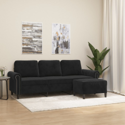 3-osobowa sofa z podnóżkiem, czarna, 180 cm, aksamit