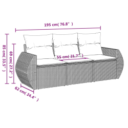 3-częściowa sofa do ogrodu, z poduszkami, szara, polirattanowa