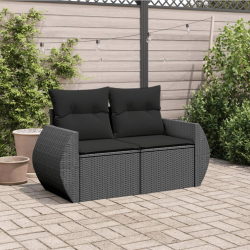 Sofa ogrodowa z poduszkami, 2-osobowa, czarna, polirattan