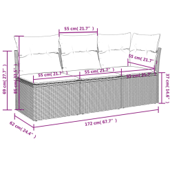 Sofa ogrodowa z poduszkami, 3-osobowa, czarna, polirattan