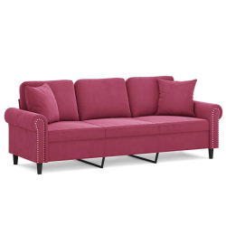 3-osobowa sofa z poduszkami, winna czerwień, 180 cm, aksamit