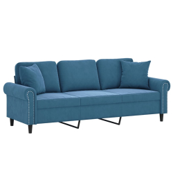 3-osobowa sofa z poduszkami, niebieska, 180 cm, aksamit