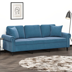 3-osobowa sofa z poduszkami, niebieska, 180 cm, aksamit
