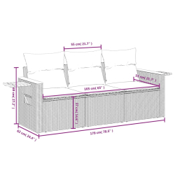 3-częściowa sofa do ogrodu, z poduszkami, szara, polirattanowa