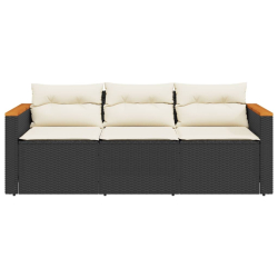 Sofa ogrodowa z poduszkami, 3-osobowa, czarna, polirattan