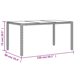 Stół ogrodowy ze szklanym blatem, szary, 150x90x75cm, rattan PE