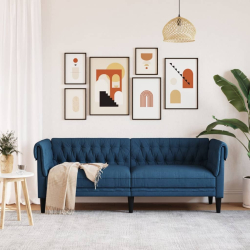Sofa Chesterfield, trzyosobowa, niebieska, obita tkaniną