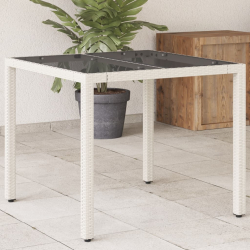 Stół ogrodowy ze szklanym blatem, biały 90x90x75 cm, polirattan