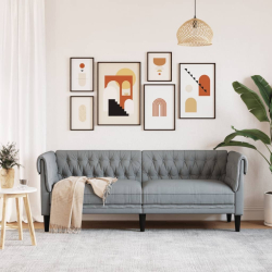 Sofa Chesterfield, trzyosobowa, jasnoszara, obita tkaniną