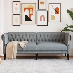 Sofa Chesterfield, trzyosobowa, jasnoszara, obita tkaniną