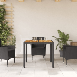 Stół ogrodowy z akacjowym blatem, czarny, 90x90x75cm, rattan PE
