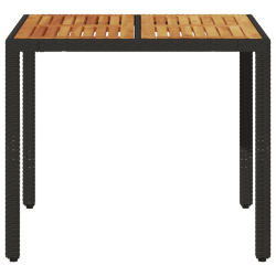 Stół ogrodowy z akacjowym blatem, czarny, 90x90x75cm, rattan PE