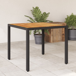 Stół ogrodowy z akacjowym blatem, czarny, 90x90x75cm, rattan PE