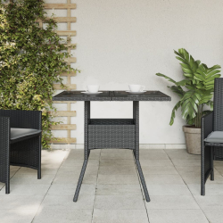Stół ogrodowy ze szklanym blatem, czarny, 80x80x75cm, rattan PE