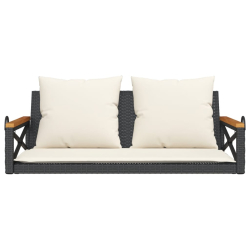 Ławka bujana z poduszkami, czarna, 109x62x40 cm, polirattan