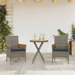 3-cz. zestaw bistro z poduszkami, szary, polirattan i akacja